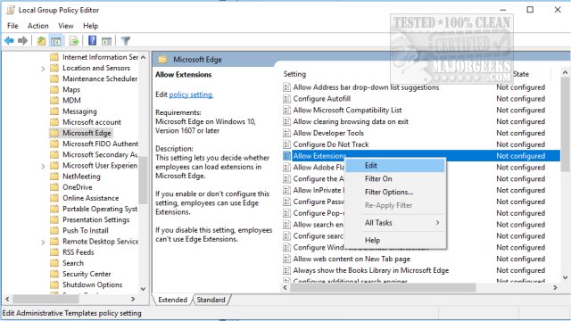 how to prevent installing extensions in microsoft edge majorgeeks local group policy editor windows 10