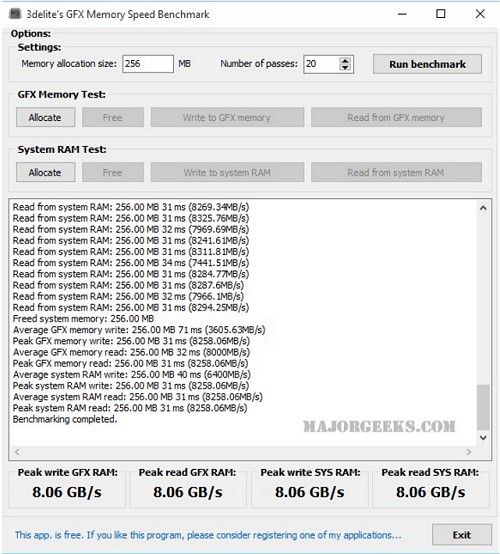 pulgar Ciencias dueño GFX Memory Speed Benchmark Measures Read and Write Speeds of Your Graphics  Card, System RAM - MajorGeeks