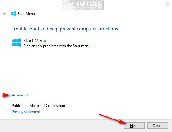 start menu troubleshooter