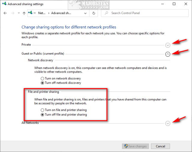 How to turn on or off file and printer sharing in windows 10 majorgeeks
