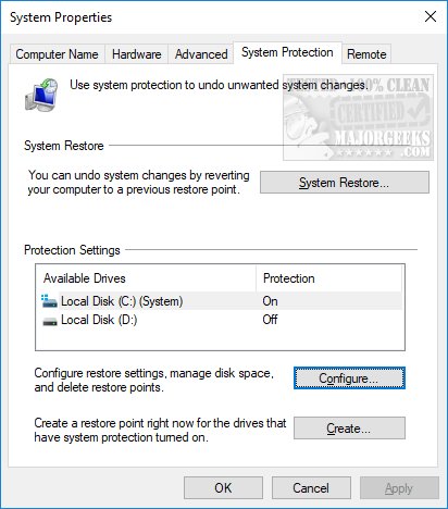 Enable Disable Manage Delete Or Create A System Restore Point Majorgeeks
