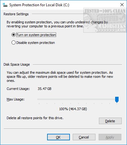 Enable Disable Manage Delete Or Create A System Restore Point Majorgeeks