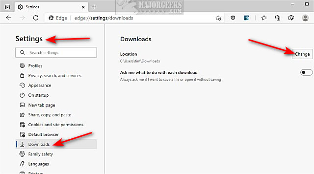 how to change default microsoft edge download directory