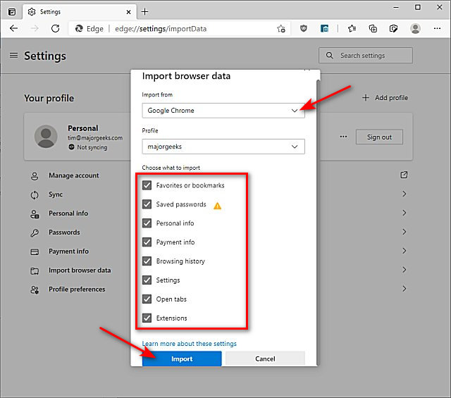 Import bookmarks passwords and more from chrome and firefox to microsoft edge majorgeeks