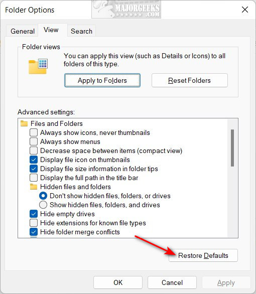There will be no confirmation, so press it once. You can now close File Explorer Folder Options.