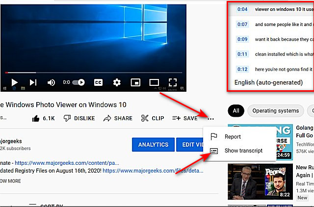 how to view the transcript of a youtube video