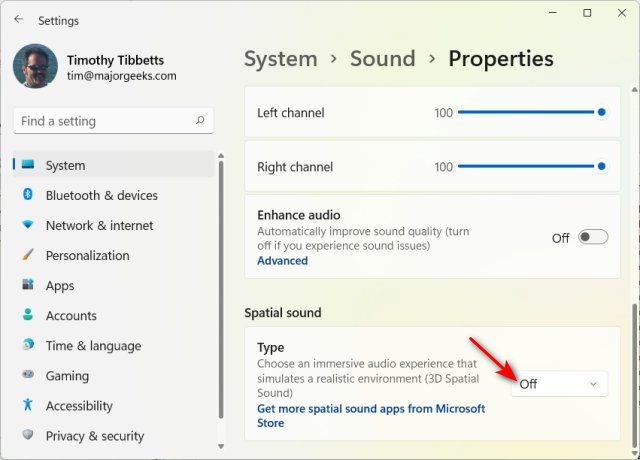 Choose from Windows Sonic for Headphones, Dolby Atmos for Headphones 