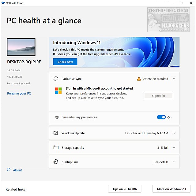 pc health check app windows 10